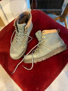 Born Slate Blue Lace-Up Ankle Boots with Tan Collar